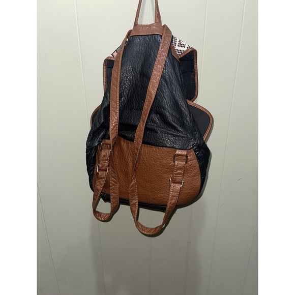 Under One Sky Black Faux Leather Aztec Themed Drawstring Backpack Bag